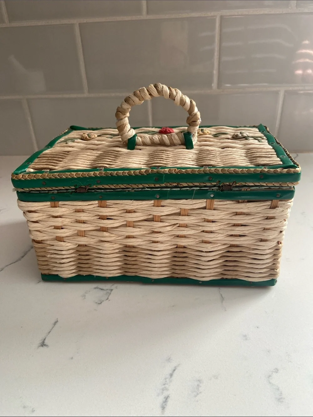 Vintage 1950s Woven Sewing Basket Green Floral Raffia